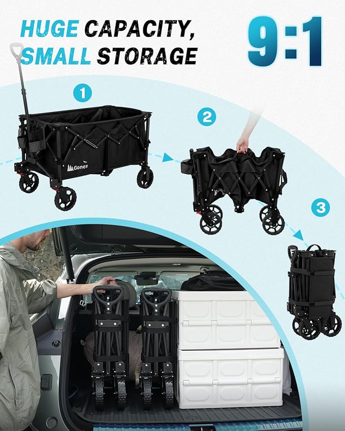 Gonex 38''L Extra Long Collapsible Foldable Wagon Cart with 360lbs Weight Capacity, 220L Folding Utility Garden Cart with Detachable Wheels for Grocery Sports Shopping Camping - Black