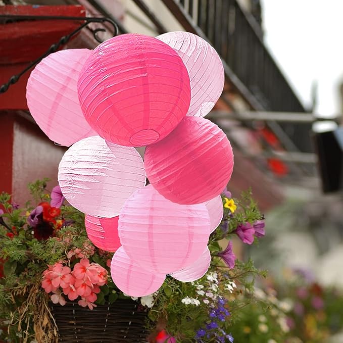 12 Pcs Pink Party Paper Lanterns Romantic Decorations Rose Red and Pink Round Chinese Paper Lanterns for Wedding Birthday Party Valentines Day Engagement Baby Showers Decoration