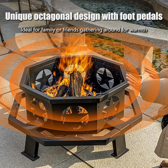 35 inch Fire Pit for Outside, Heavy Duty Wood Burning Fire Pits with Fire Poker, Outdoor Octagonal Firepit for Camping, Yard, Patio