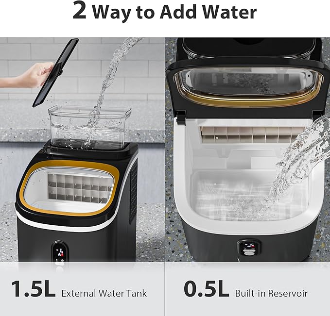 Countertop Ice Cube Maker Machine with External Water Tank,16Pcs/5Mins,34Lbs/Day,2 Ways to Add Water,Portable Compact Small Ice Maker with Auto-Cleaning,Perfect for Home/Kitchen/Camping/RV