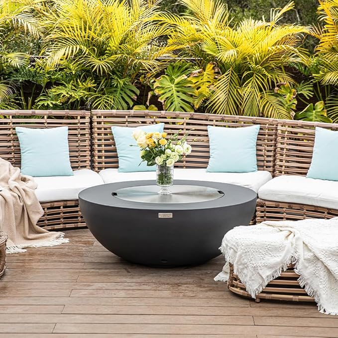 Elementi Lunar Bowl Dark Grey Fire Pit Bundle Includes 42” Propane Concrete Firepit, Glass Windscreen, Stainless Steel Cover, Tank Cover, Canvas Cover, Floor Mat, Hammock, Beverage Tub