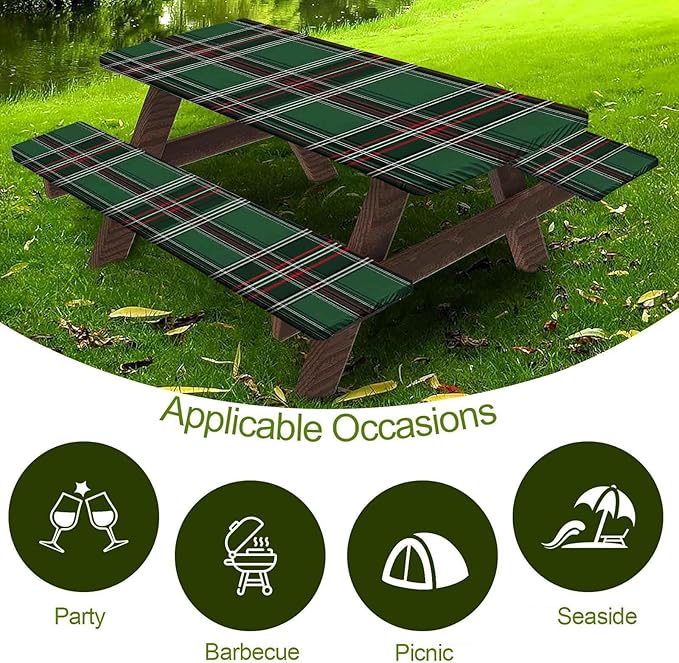 CAPSCEOLL Fitted Picnic Table Cover with Bench Covers with Elastic 8Ft Waterproof Picnic Table Cloths Windproof Outdoor Camping Tablecloth with Drawstring Bag, 96X30in, Christmas Green Buffalo Plaid