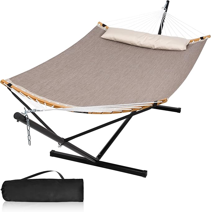 Quick Dry Hammock with Stand Included, Heavy Duty Hammock with 12FT Hammock Stand for Outside, Poolside, 450 Lbs Capacity, Brown