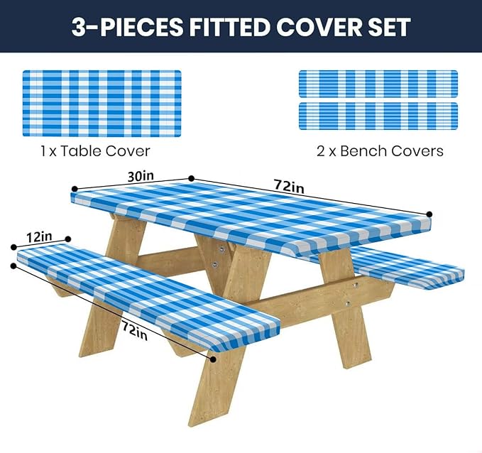 CAPSCEOLL Fitted Picnic Table Cover with Bench Covers with Elastic 6Ft Waterproof Camping Picnic Table Cover Cloths for Outdoors Camping Tablecloth with Drawstring Bag, 72X30in, Blue Checkered
