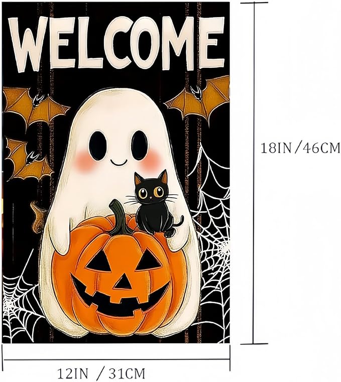 Halloween Garden Flag 12X18 Inch Double Side,Pumpkin Ghost Yard Flag, Welcome Jack O Lantern Small Garden Flag,Yard Outdoor Flag for Holiday Outside Patio Lawn Decoration