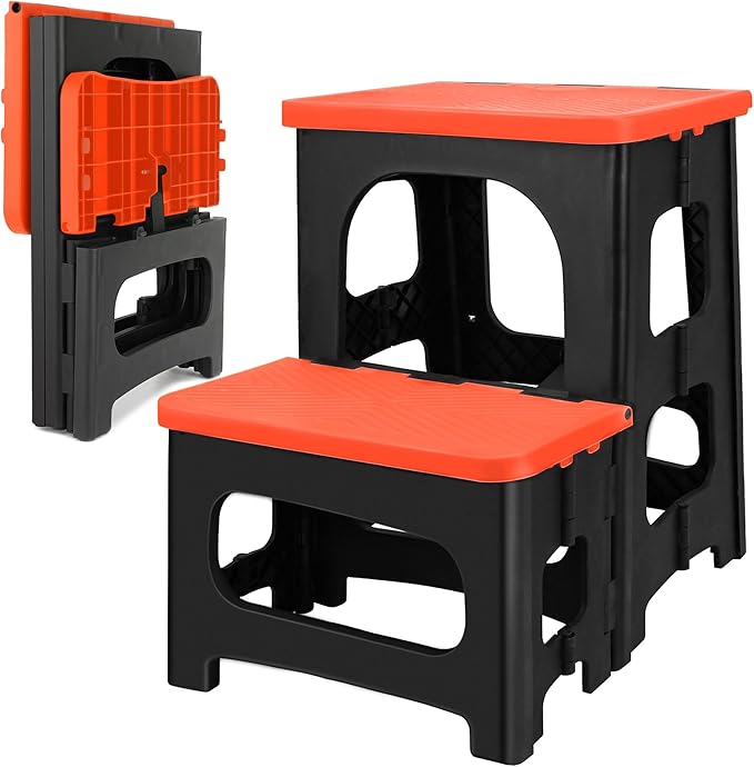 Folding 2-Step Stool, Non-Slip Portable Footstool 8" & 17" Dual Heights, Holds 250 lbs, Portable Footstool for Kitchen Home Toilet Bedroom Office Bathroom RV(Orange)