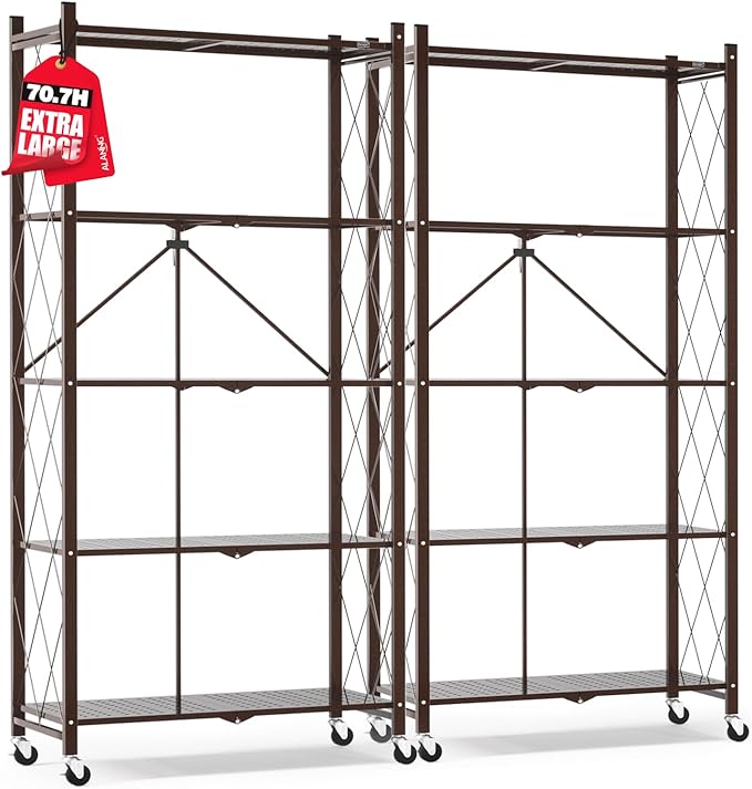 ALANNG 70.7" H Metal Storage Shelves, 5 Tier Folding Shelf on Wheels, Heavy Duty, No Assembly, Rolling, Collapsible Rack Unit for Kitchen, Basement, Pantry (Vintage Brown,2 Pack)