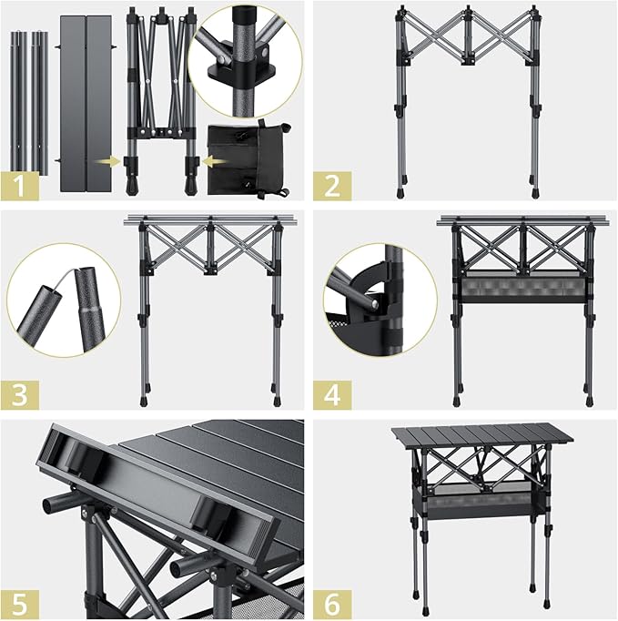 Folding Camping Table, Aluminum Roll Up Camping Table Adjustable Height with Storage Net and Bag, Lightweight Outdoor Table 25” X 16”, for Outdoor Travel BBQ Party Picnic, Black