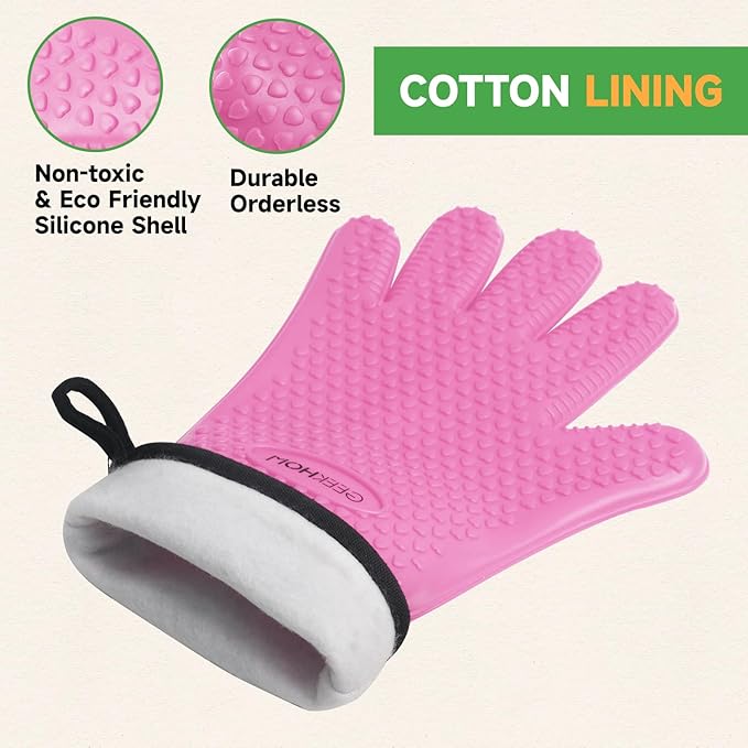 GEEKHOM BBQ Gloves Heat Resistant Oven Mitts - Silicone Grilling Gloves with 13.7" Arm Protection - Waterproof Pot Holder Non-Slip for Men & Women, Kitchen Outdoor Cooking, Baking, Camping, Pink