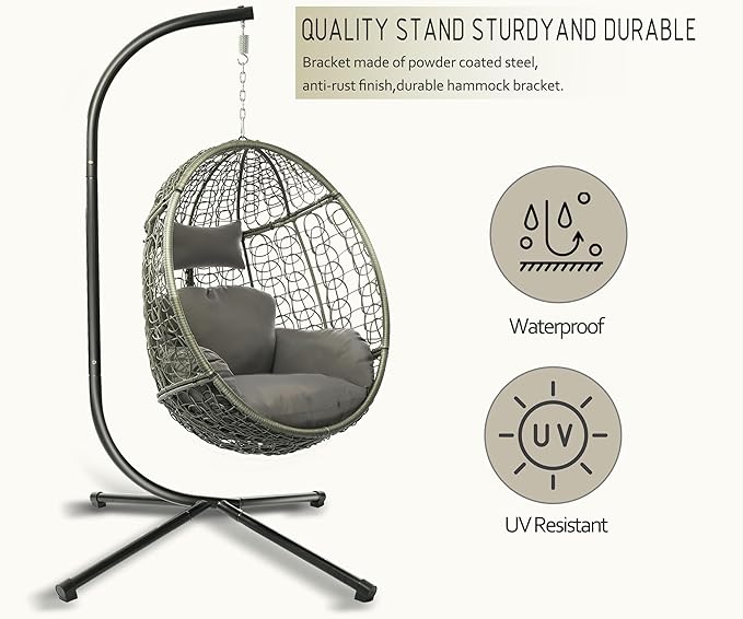 DoubleTT Indoor/Outdoor Egg Chair with Stand, Swing Hammock Hanging Chair Nest Basket, UV Resistant Removable & Washable Cushions,350LBS Capacity for Bedroom, Balcony, Garden