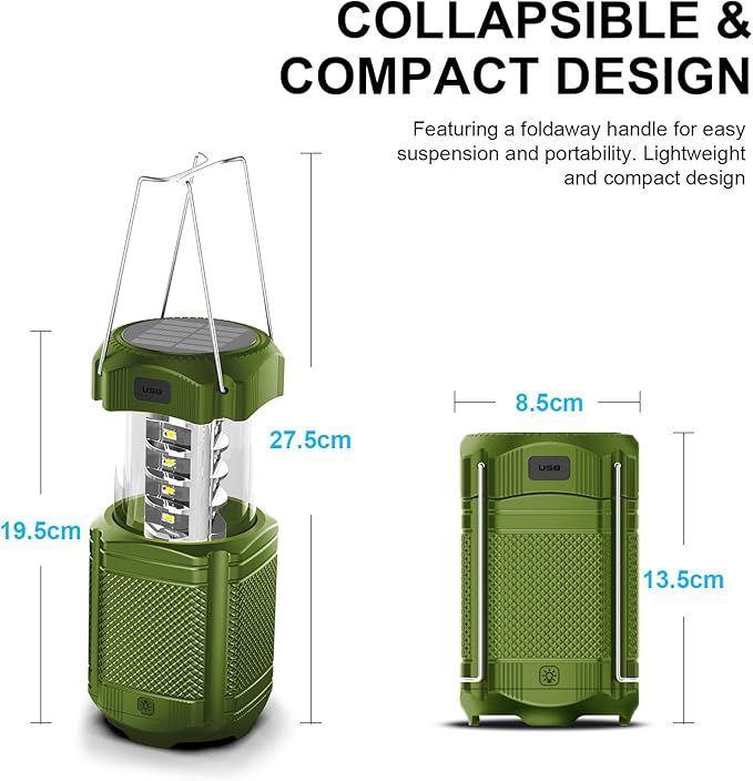 Camping Lantern 5000mAh Solar Hand Crank Telescopic LED Flashlight USB Charger for Power Outages ,Portable Rechargeable Battery Powered Operated Lanterns Lamp, Camping Gear Accessories (Green)