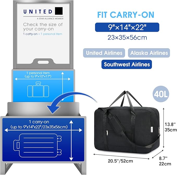 Carry on luaggage 22x14x9 Airlines Approved Foldable Carry on Bag Travel Duffel Packable Duffle Overnight for Women and Men 40L (Black)