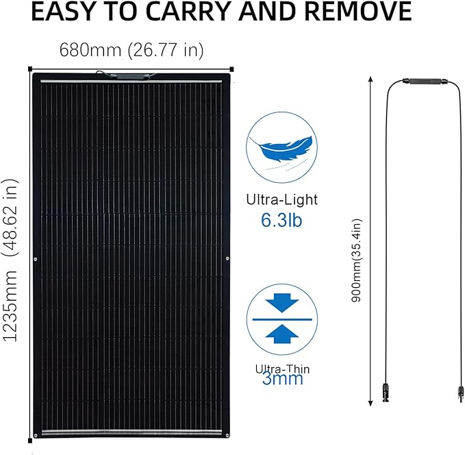 Flexible Solar Panel 150W Fiberglass Monocrystalline Lightweight Module for Off-Grid RV Boat Van Cabin Uneven Surfaces 12V Battery Charge (150W Solar Panel)