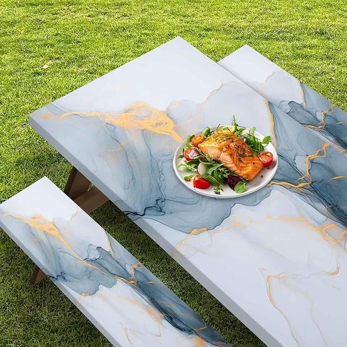 CAPSCEOLL Picnic Table Cover with Bench Covers Waterproof Camping Tablecloth All-Weather Outdoor Table Protector with Drawstring Bag for Camping Essentials, 72X30in, Grey White