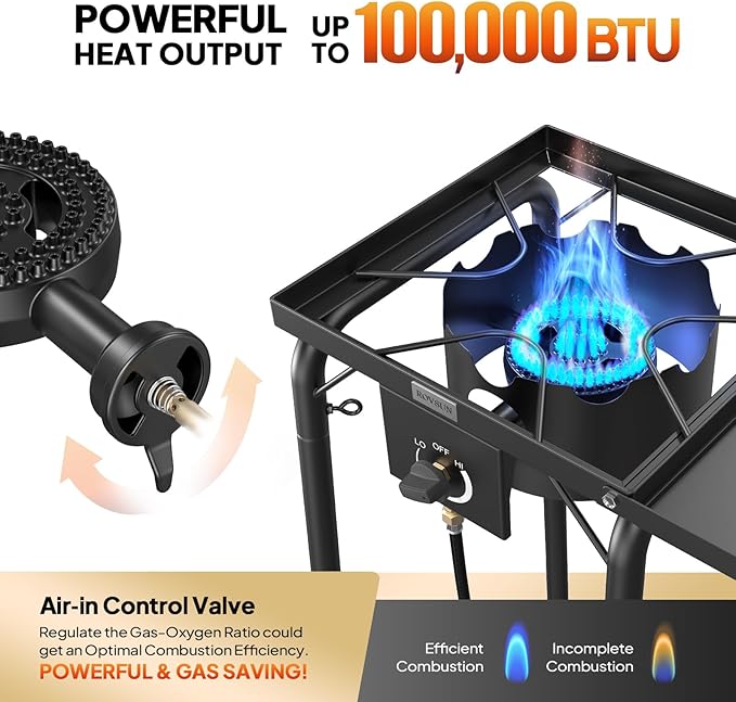 ROVSUN Single Burner Propane Gas Stove with Side Shelf & Carrying Bag, 100,000 BTU Portable Stove with Removable Legs & Regulator for Camping Home Backyard Cooking Brewing Canning Turkey Frying