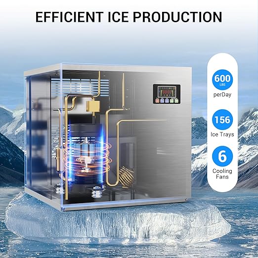 Commercial Ice Maker Machine 600Lbs/24H – 12 Adjustable Thickness Settings, 400Lbs Storage, Ideal for Restaurant, Bar, Hotel, Cafe (600lbs)
