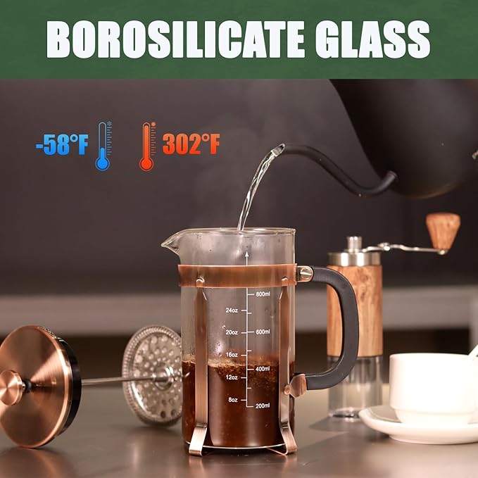 21 Ounce / 600ML French Press Coffee Maker - Stainless Steel & Borosilicate Glass, 4 - Filter for Smooth Brews - Perfect for Cold Brew, Espresso & Tea
