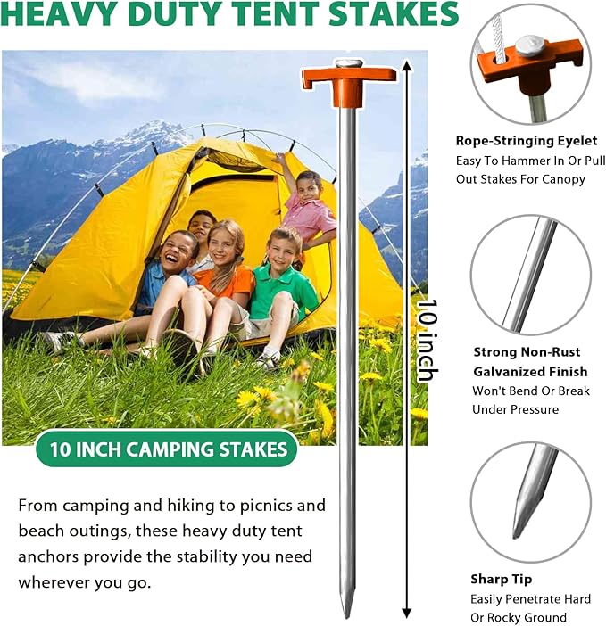 Eurmax USA Galvanized Non-Rust Camping Family Tent Pop Up Tent Stakes Canopy Anchors Heavy Duty 10pc-Pack, with 4x10ft Ropes & 1 Orange Stopper