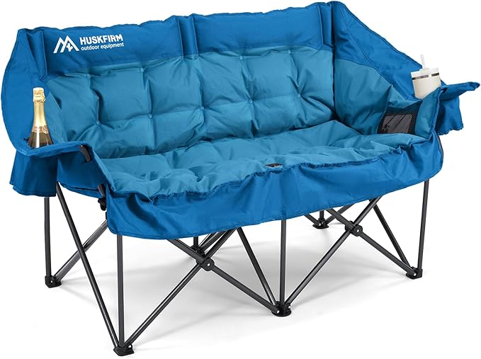 Double Camping Chairs Padded Loveseat Chair for 2 Person - Heavy Duty Oversized Camping Couch for Adults Outdoor Lawn Beach - Portable Folding Sofa with Cup Holders and Carry Bag, Bright Blue