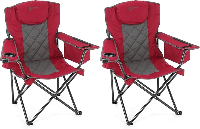 ARROWHEAD OUTDOOR 2-Pack Portable Folding Camping Quad Chair w/ 6-Can Cooler, Cup & Wine Glass Holders, Heavy-Duty Carrying Bag, Padded Armrests, Headrest & Seat, Supports up to 550lbs
