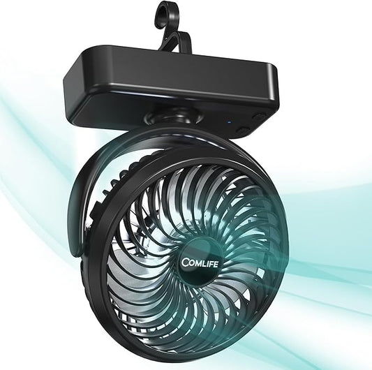 Camping Fan with LED Lantern - Rechargeable Battery Operated Fan, 35H Run Time Max, 3 Speeds, Portable Desk Fan with Hook for Tent Car RV Outdoor Emergency Outage Hurricane
