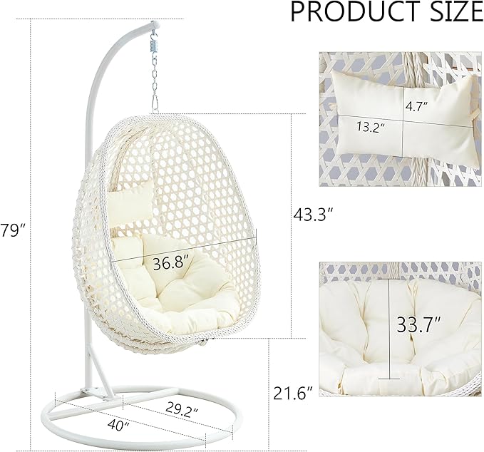 JUFU Egg Swing Chair with Stand，Patio Hanging Basket Chair Outdoor，Hammock Chair with Cushions and Pillow,Hanging Egg Chair with Aluminum Steel Frame for Indoor Bedroom Balcony