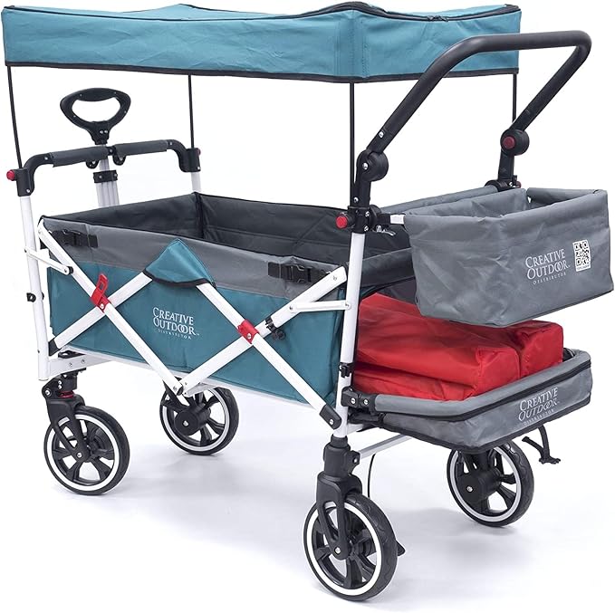 Creative Outdoor Wagon for Kids Push Pull Collapsible Stroller with Canopy Folding Cart for Beach, Park, Garden (Teal & Grey)