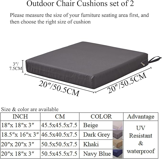 20 x 20 Inch Outdoor Chair Cushions for Patio Furniture UV Resistant Non Slip Waterproof Replacement Patio Seat Cushion with Ties Set of 2, Dark Grey