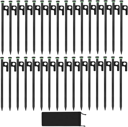 32Pcs Tent Stakes, 8in Heavy Duty Tent Stakes with Storage Pouch, Forged Steel Tent Sakes Metal, Metal Stakes for Tent Used on Grassland, Snowfield, Dessert(32Pcs, 8in, Diameter 3/8")