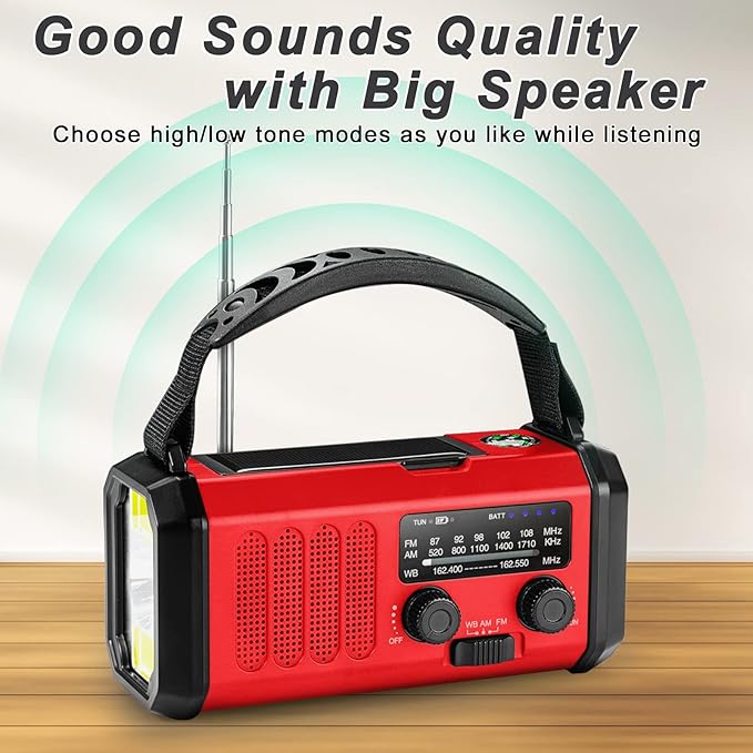Hand Crank Emergency Radio, 10000mAh/37000mWh Solar Powered AM/FM/NOAA Weather Radio with Multi-Function LED Flashlight and Cell Phone Charger for Indoor/Outdoor Emergencies