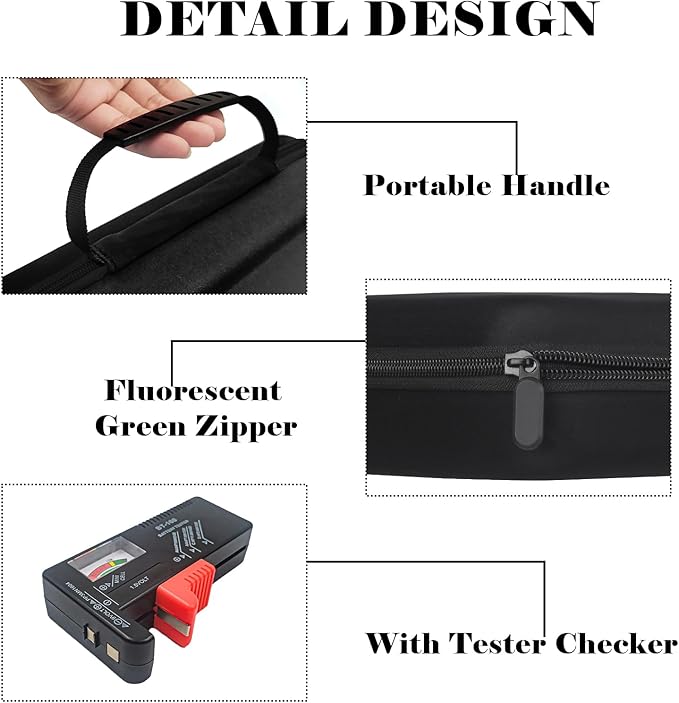 Battery Organizer Storage Case with Tester for AA AAA C D 9V Battery Holder 7 Batteries Variety Pack 111 Batteries Mesh Bag (Batteries Not Included) (black)