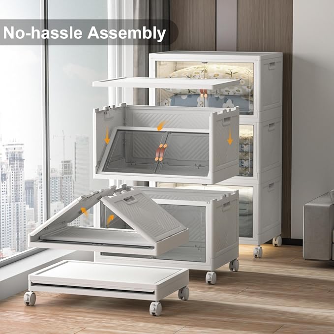 Extra Large Stackable Storage Bins with Lids & Wheels & Door, 480QT-160QT/40GAL*3Pack Foldable Collapsible Closet Organizers, Plastic containers drawers for bedroom Dorm