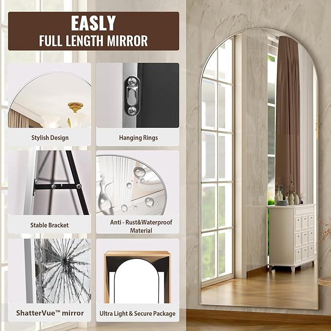 Arched Full-Length Mirror, 34"x76" Arch Floor Mirror with Stand, Wall-Mounted Mirror for Bathroom, Dressing Room - Hanging or Leaning - Full Body Mirrors for Bedroom, Silver