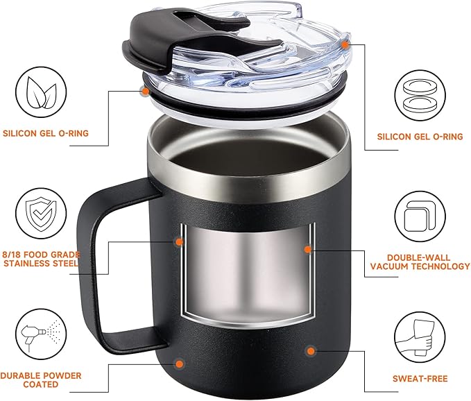 ALOUFEA 12oz Insulated Coffee Mug Cup with Handle, Stainless Steel Travel Coffee Mug with Flip Lid, Double Wall Vacuum Coffee Tumbler, Black