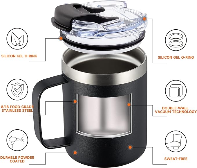 ALOUFEA 12oz Insulated Coffee Mug Cup with Handle, Stainless Steel Travel Coffee Mug with Flip Lid, Double Wall Vacuum Coffee Tumbler, Rose Gold