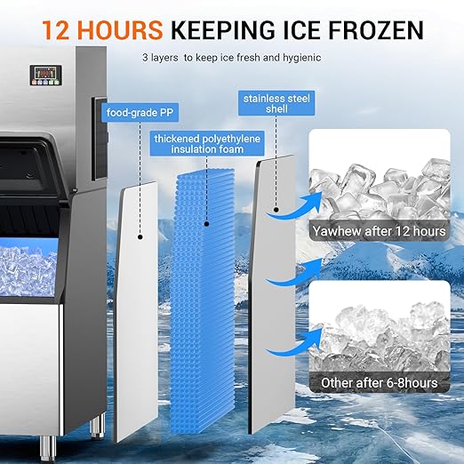 Commercial Ice Maker Machine 600Lbs/24H – 12 Adjustable Thickness Settings, 400Lbs Storage, Ideal for Restaurant, Bar, Hotel, Cafe (600lbs)