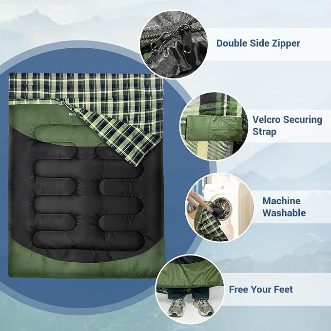 Double Sleeping Bag for Adults Machine Washable 2 Person Camping Sleeping Bag Queen Size Waterproof with Compression Sack for Cold Weather 3-4 Seasons