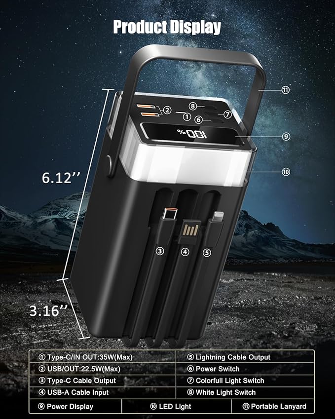 90000mAh Portable Charger Power Bank with 35W PD Fast Charging, 6 Ports & Built-in Cables, RGB Mood Light(12 Modes) &LED Camping Flashlight for Indoor/Outdoor Camping Home Travel Emergency