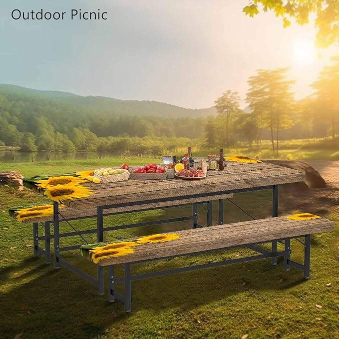 CAPSCEOLL Picnic Table Cover with Bench Covers 8Ft Waterproof Camping Tablecloth All-Weather Outdoor Table Protector with Drawstring Bag for Camping Essentials, 96X30In, Wooden Sunflowers