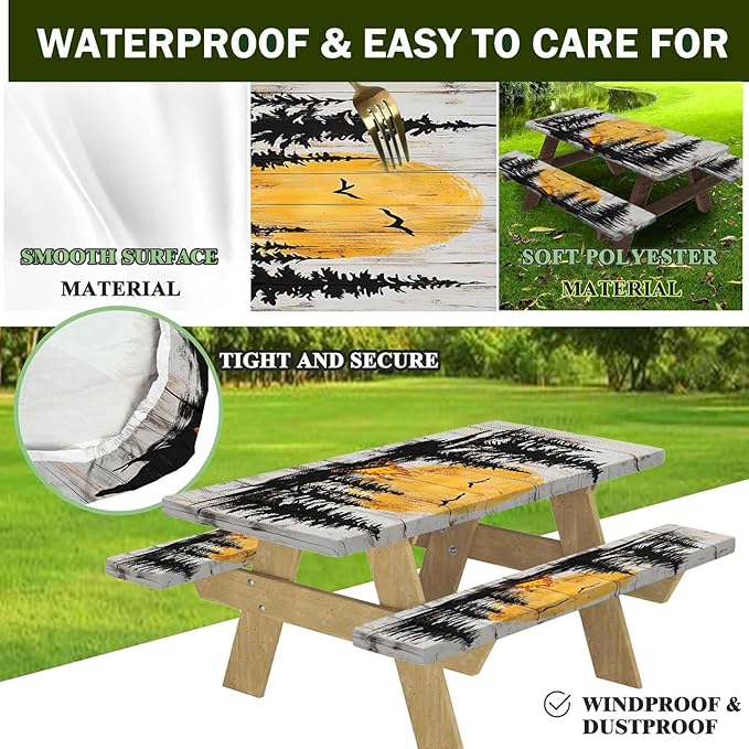 CAPSCEOLL Elastic Picnic Table Cover with Bench Covers 5Ft Waterproof Fitted Picnic Table Cover Cloths for Outdoors Camping Tablecloth with Drawstring Bag, 60X30in, Camping on Wood