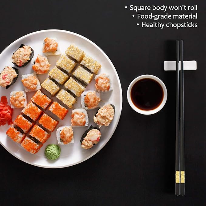 10 Pairs Fiberglass Chopsticks, GLAMFIELDS Reusable Japanese Chinese Korea Chop Sticks Dishwasher Safe, Non-slip, 9 1/2 inches Gold