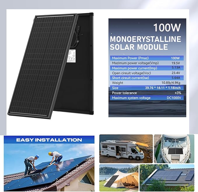1000 Watt Solar Panels, 10Pcs 100W Monocrystalline 25% High-Efficiency 12V/24V Solar Panel for RV Camping Boat Home Farm Marine Battery and Other Off-Grid Applications