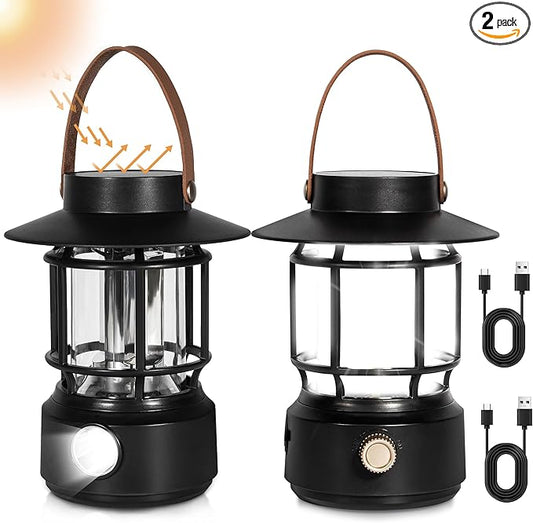 Led Camping Lantern 2 Pack, 1000LM, Solar Lantern Rechargeable Camping Lights with Side Flashlights for Emergencies, IPX5 Waterproof Portable led Lanterns for Power Outages,USB C Cable Included