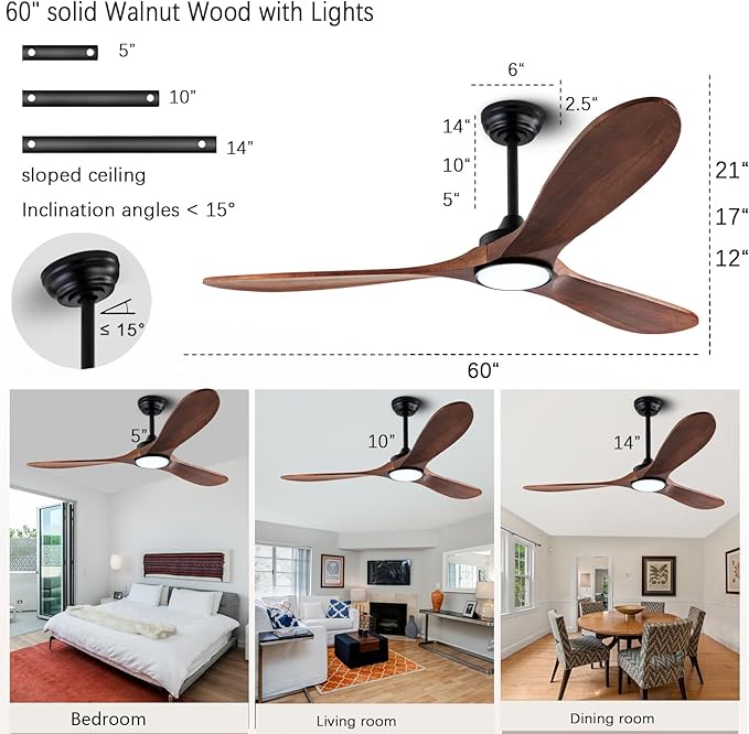 60" Wood Ceiling Fans with Lights and Remote Control,Indoor Outdoor 3 Blades Wooden Ceiling Fan for Garage,Patio,Living Rooms,Bedrooms,Offices,Farmhouse(Black+Dark Walnut)