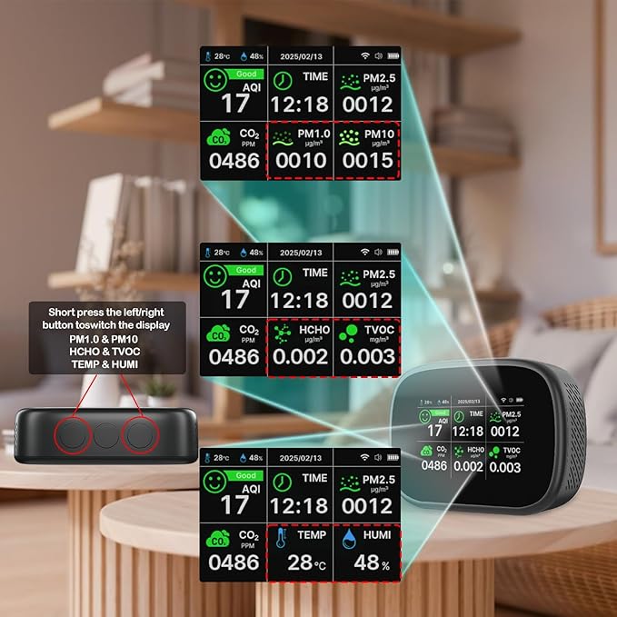 18-in-1 Smart Air Quality Monitor - Indoor WiFi Air Quality Detector with Dual Chip, Real-Time for AQI, CO2, PM2.5, PM1.0, PM10, TVOC, HCHO, Time Display, Temperature & Humidity with APP (Black-Black)