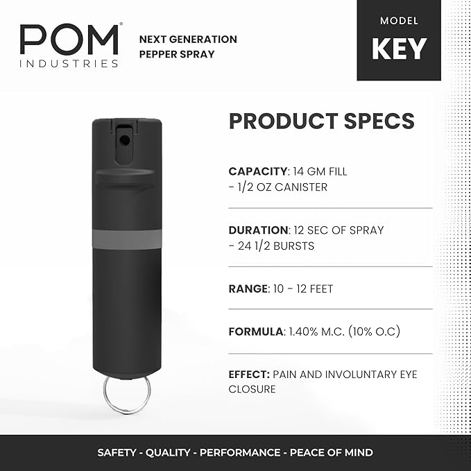 POM Pepper Spray Keychain, Quick Key Release for Instant Access, Flip Top Safety, Maximum Strength OC Formula with UV Marking Dye, 25 Bursts, 10 ft Range, 0.5 fl oz