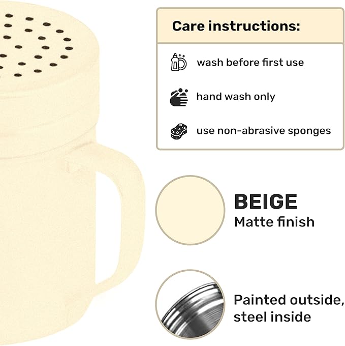 CUSINIUM 10oz Beige Stainless Steel Salt Pepper Dredge Shakers - With Plastic Cap - With Handle - Pack of 2