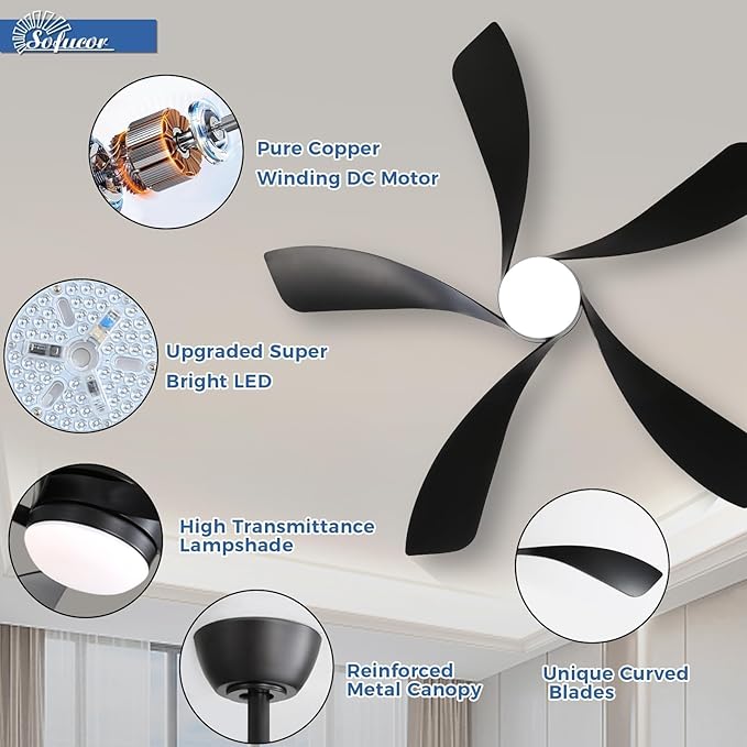 Sofucor 52 Inch Ceiling Fans with Lights and Remote, Outdoor Ceiling Fan with Light 6-Speed 3 CCT 3-Timer, Black Low Profile Ceiling Fan 5 Blade Reversible DC Motor for Living Room Bedroom Patio