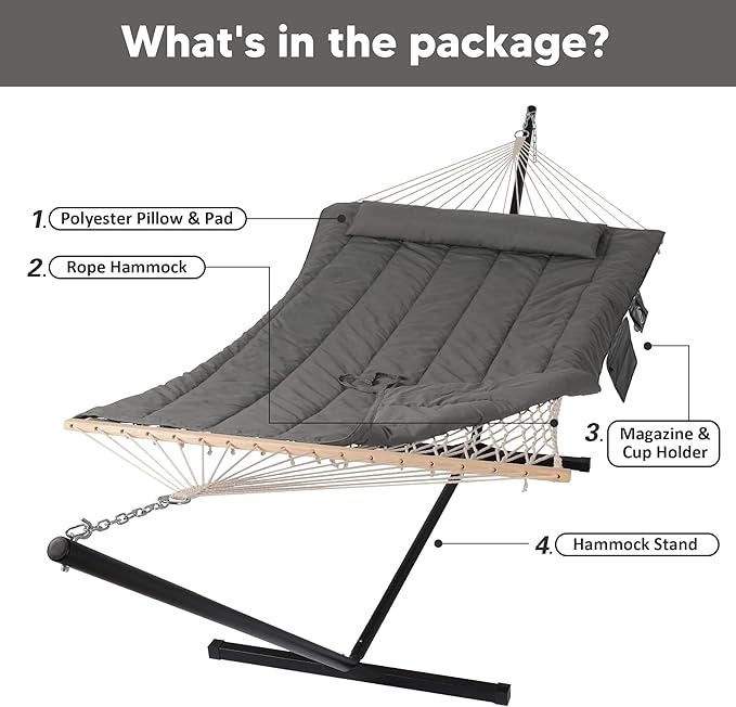 SUNCREAT Double Outdoor Hammock with Stand, Two Person Cotton Rope Hammock with Polyester Pad, Dark Gray