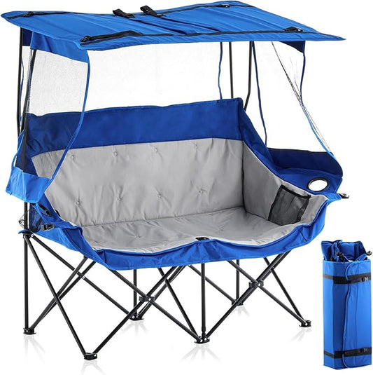 CLIPOP Double Camping Chair with Canopy, Portable Outdoor Folding Chair with Cup Holders, Side Pocket, Oversized Beach Chair with Canopy Shade for Lawn Patio Hiking, Blue